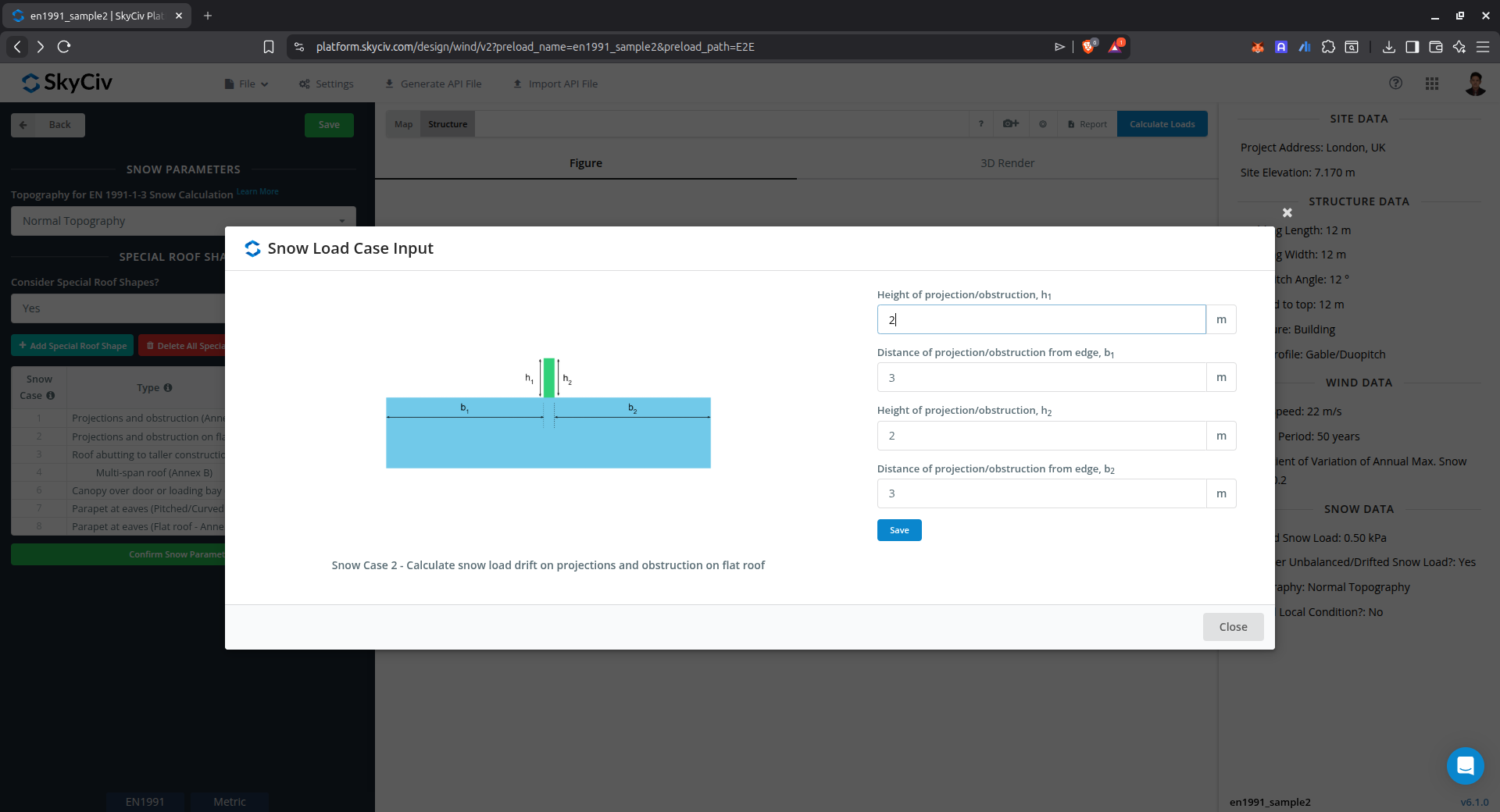 Παράμετροι εισαγωγής για μετατόπιση φορτίου χιονιού σε προεξοχές και εμπόδια σε επίπεδη οροφή χρησιμοποιώντας EN 1991-1-3