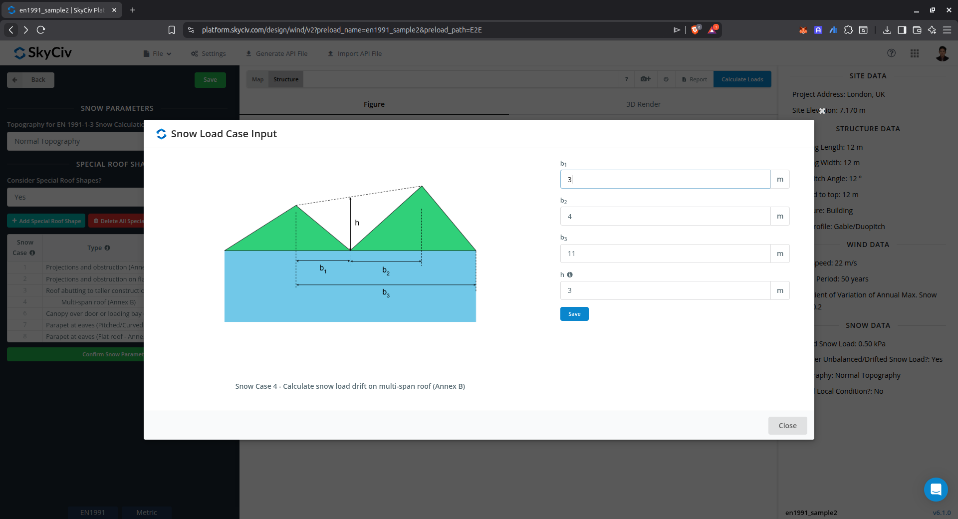 Παράμετροι εισαγωγής για μετατόπιση φορτίου χιονιού σε στέγη πολλαπλών ανοιγμάτων χρησιμοποιώντας το Παράρτημα Β του ΕΝ 1991-1-3