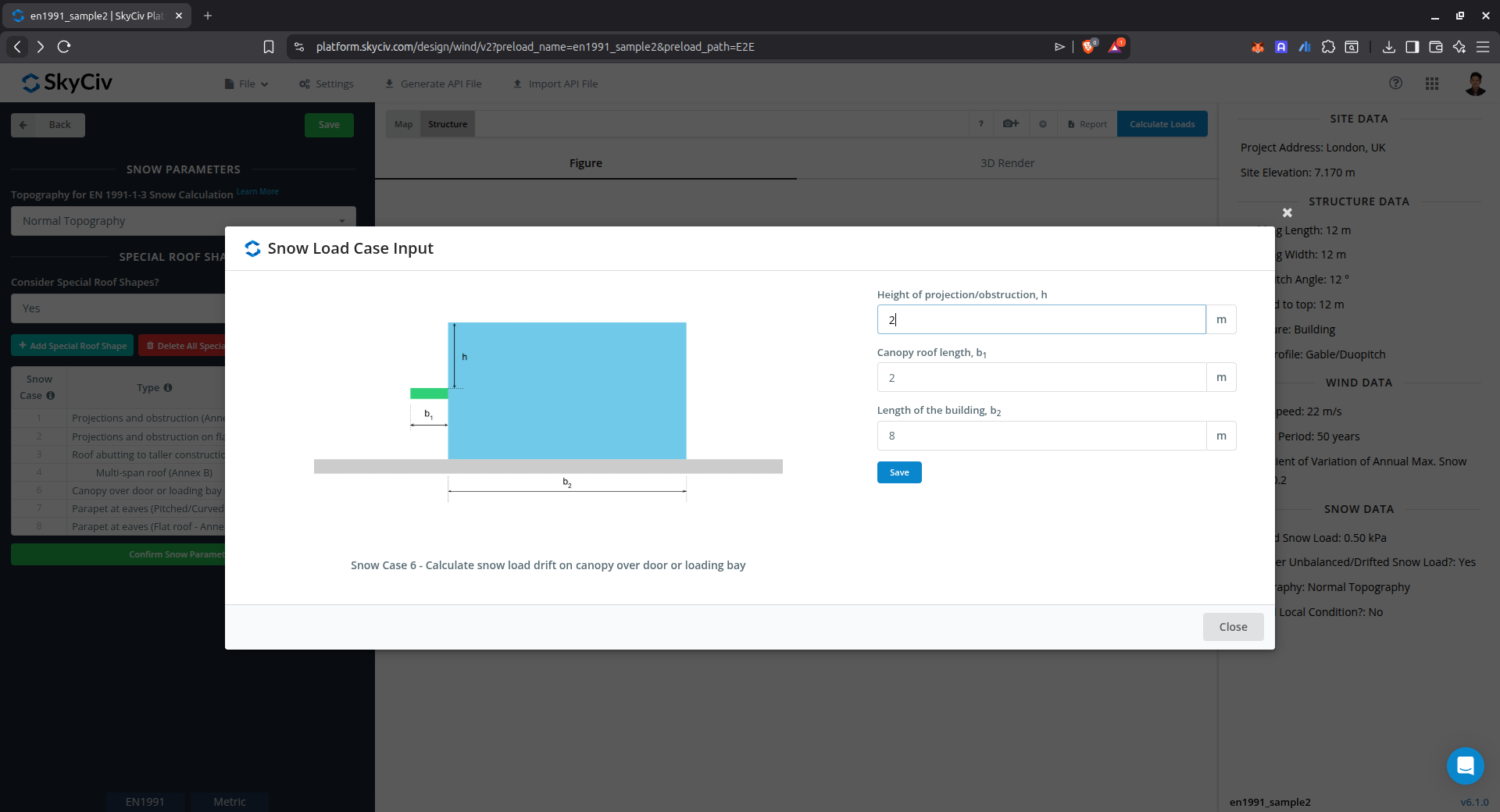 Παράμετροι εισαγωγής για μετατόπιση φορτίου χιονιού σε θόλο πάνω από την πόρτα ή τον χώρο φόρτωσης χρησιμοποιώντας το Παράρτημα Β του ΕΝ 1991-1-3