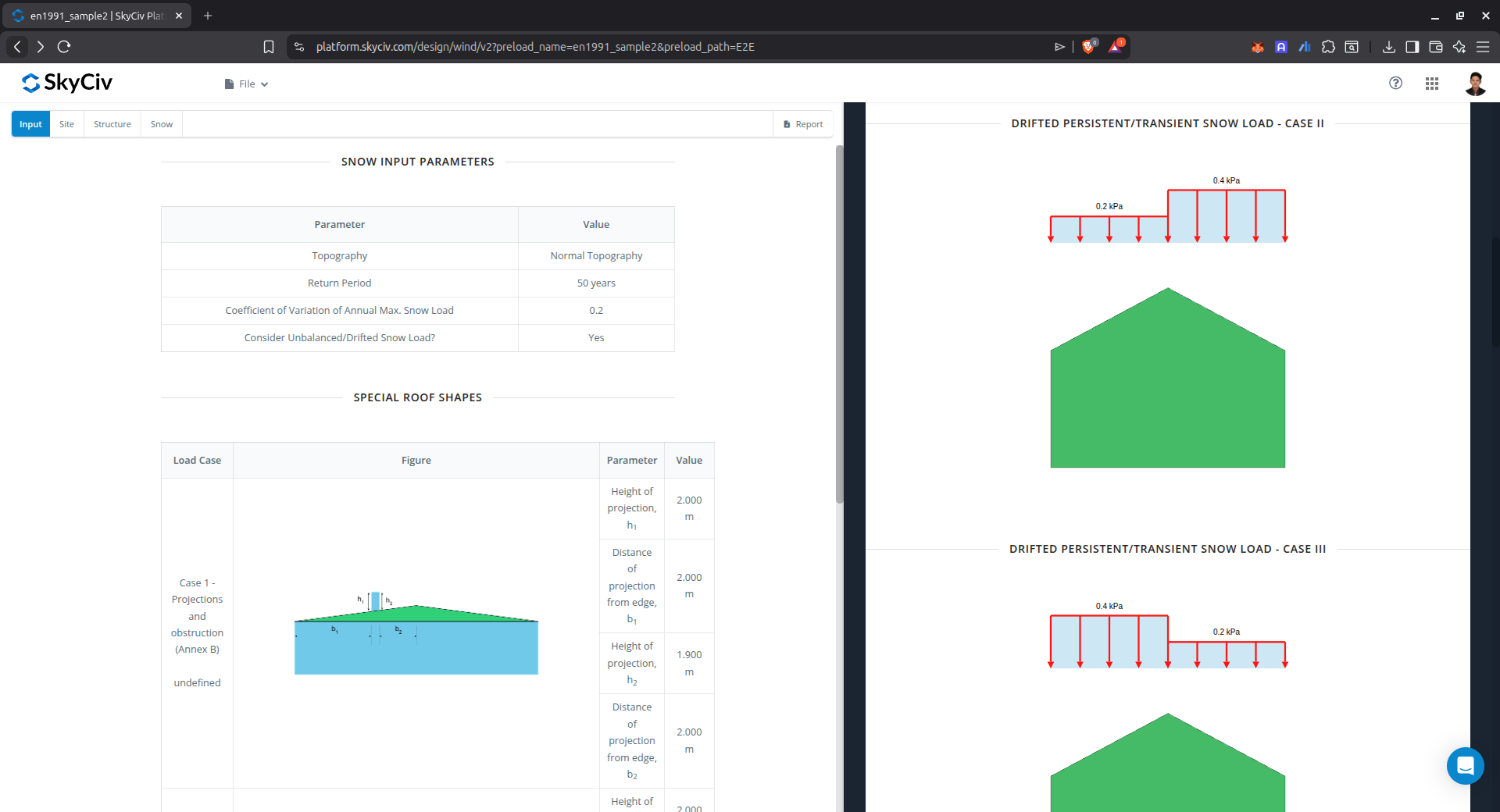 Παράμετροι φορτίου χιονιού και αποτελέσματα για το επιλεγμένο προφίλ οροφής