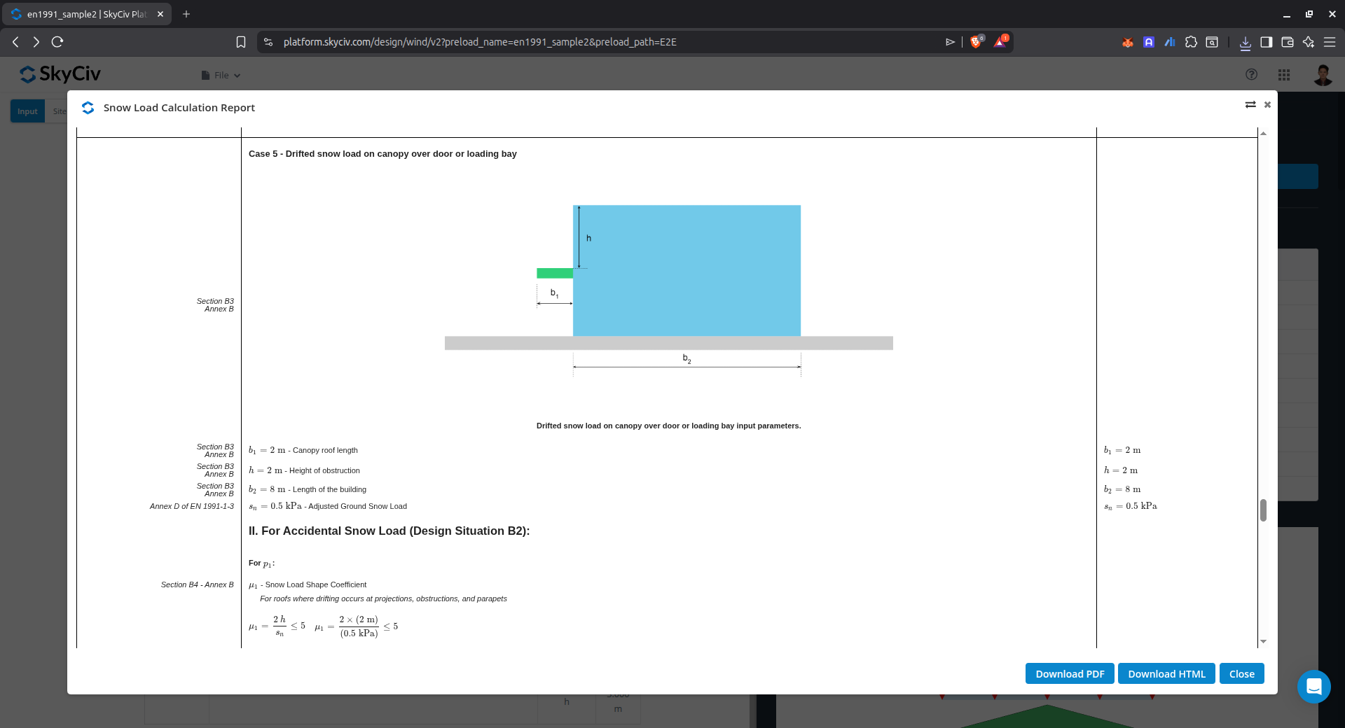 Λεπτομερής αναφορά φορτίου χιονιού της SkyCiv Load Generator