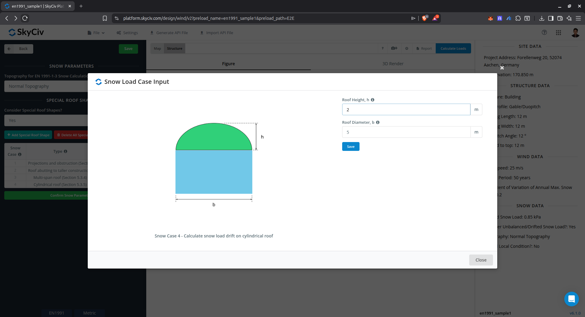 Παράμετροι εισαγωγής για μετατόπιση φορτίου χιονιού σε κυλινδρική οροφή