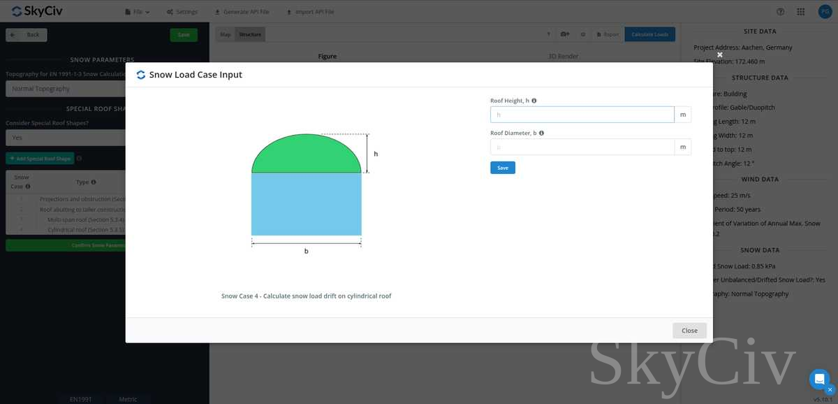 円筒屋根上の積雪荷重ドリフトの入力パラメータ
