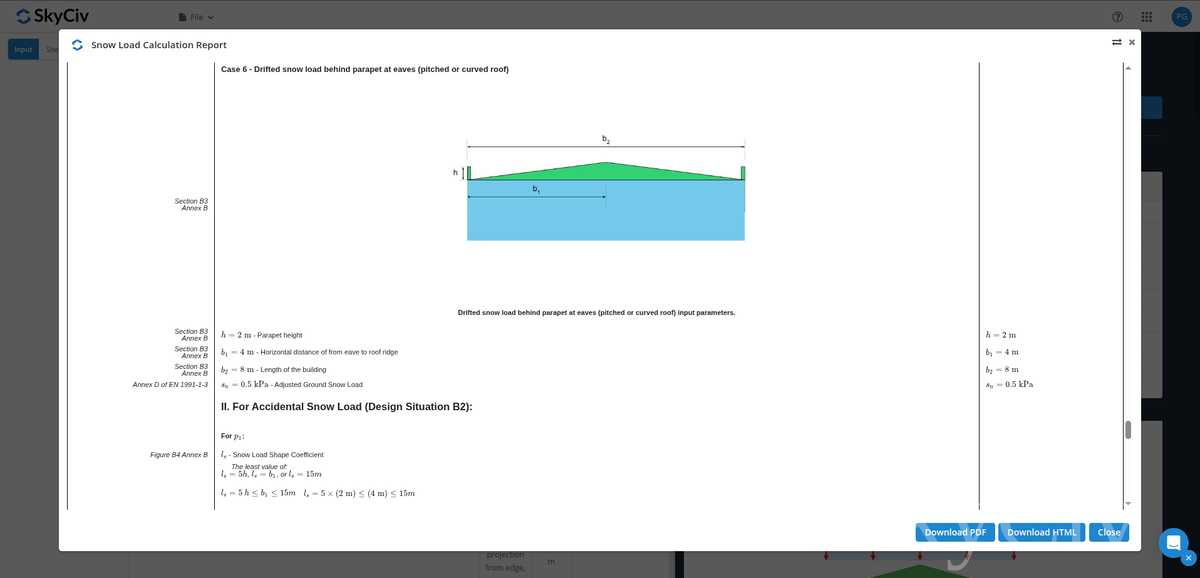 SkyCiv Load Generator の詳細な積雪量レポート