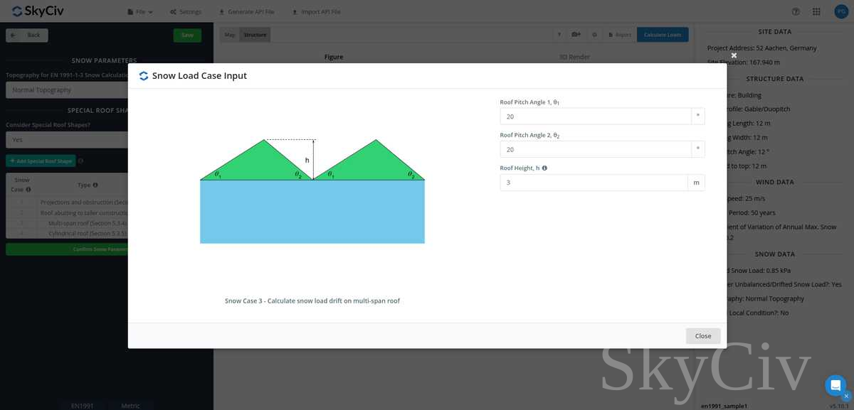 マルチスパン屋根の積雪荷重ドリフトの入力パラメータ