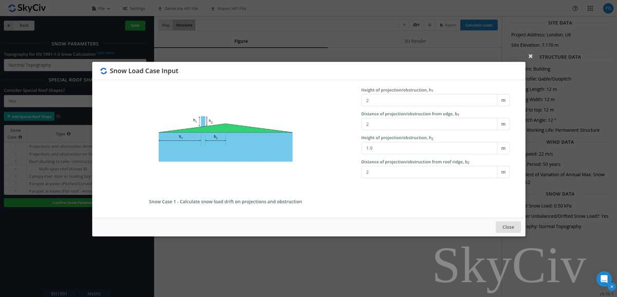 EN の付録 B を使用して、突起物および障害物上の雪荷重ドリフトのパラメータを入力します。 1991-1-3