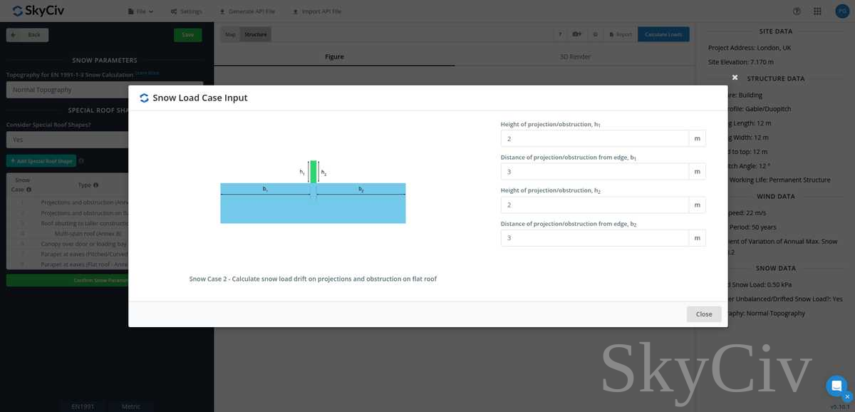 EN を使用した陸屋根の突起物および障害物上の積雪荷重ドリフトのパラメータを入力します。 1991-1-3