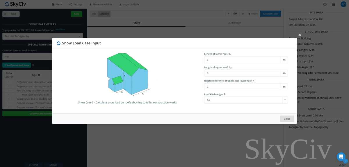 EN の付属書 B を使用して、より高い建築物に隣接する屋根上の雪荷重ドリフトのパラメータを入力します。 1991-1-3 