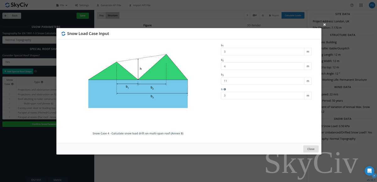EN の付録 B を使用したマルチスパン屋根の積雪荷重ドリフトのパラメータを入力します。 1991-1-3