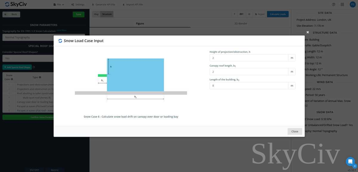 EN の付録 B を使用して、ドアまたは積載ベイ上のキャノピー上の雪荷重ドリフトのパラメータを入力します。 1991-1-3