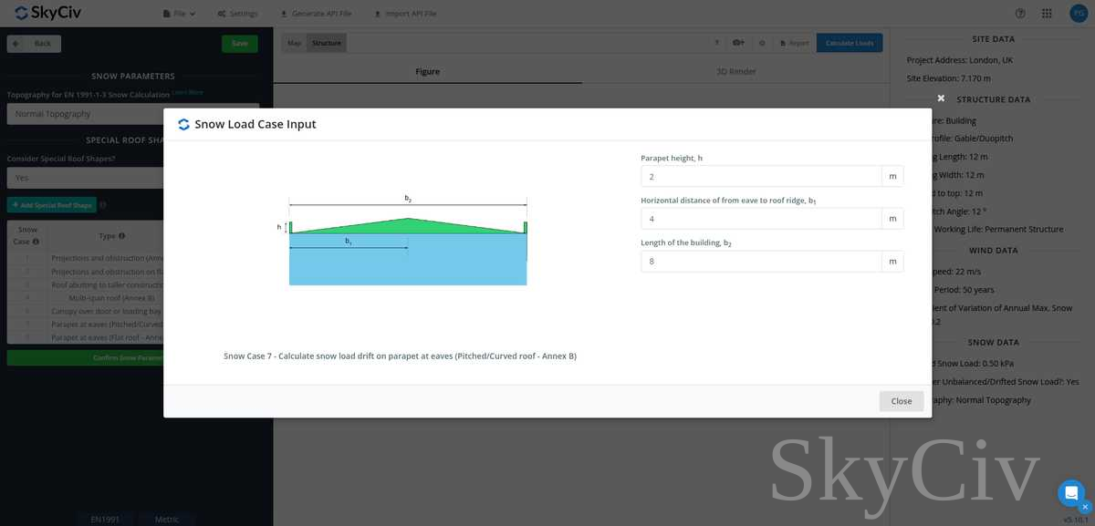 付属書 B を使用して、傾斜屋根または湾曲屋根の軒にあるパラペット上の雪荷重ドリフトのパラメータを入力します。