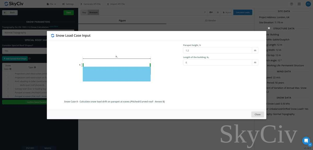 付属書 B を使用した陸屋根の軒のパラペット上の積雪荷重ドリフトのパラメータを入力します。