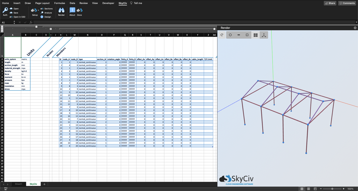 Complemento de análisis estructural de Excel que muestra el renderizador 3D y la entrada de miembros