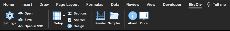 skyciv Excel Plugin, zeigt das Band zur Analyse, Stahldesign und mehr