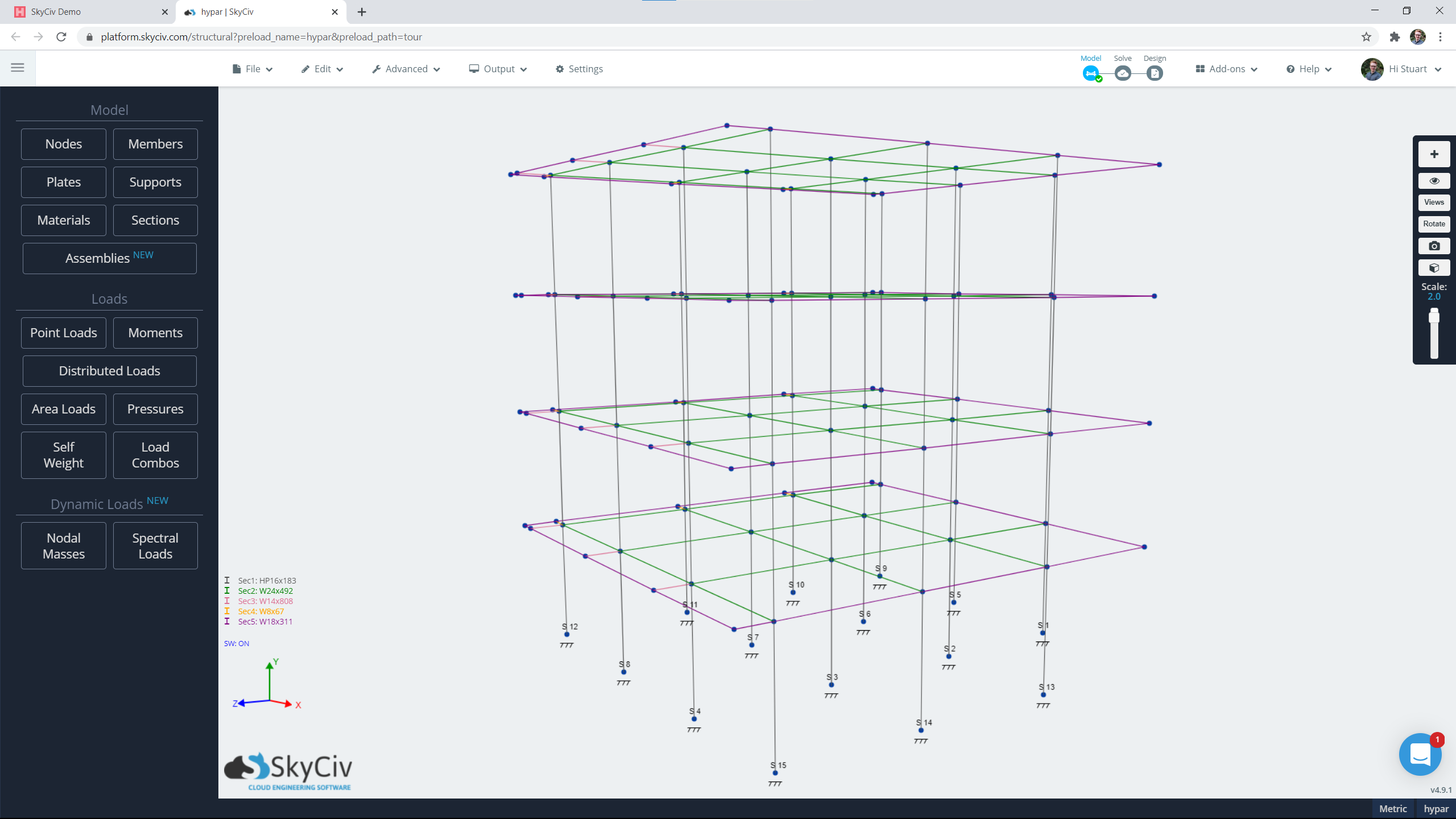 O mapa de cores indica quais membros falham na verificação de deflexão