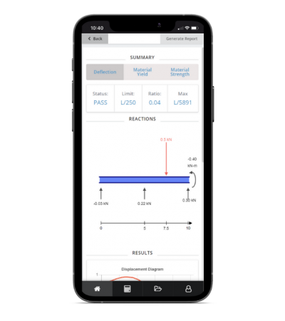 the skyciv mobile app includes a beam calculator for reactions, deflection, bending moment and shear force diagrams