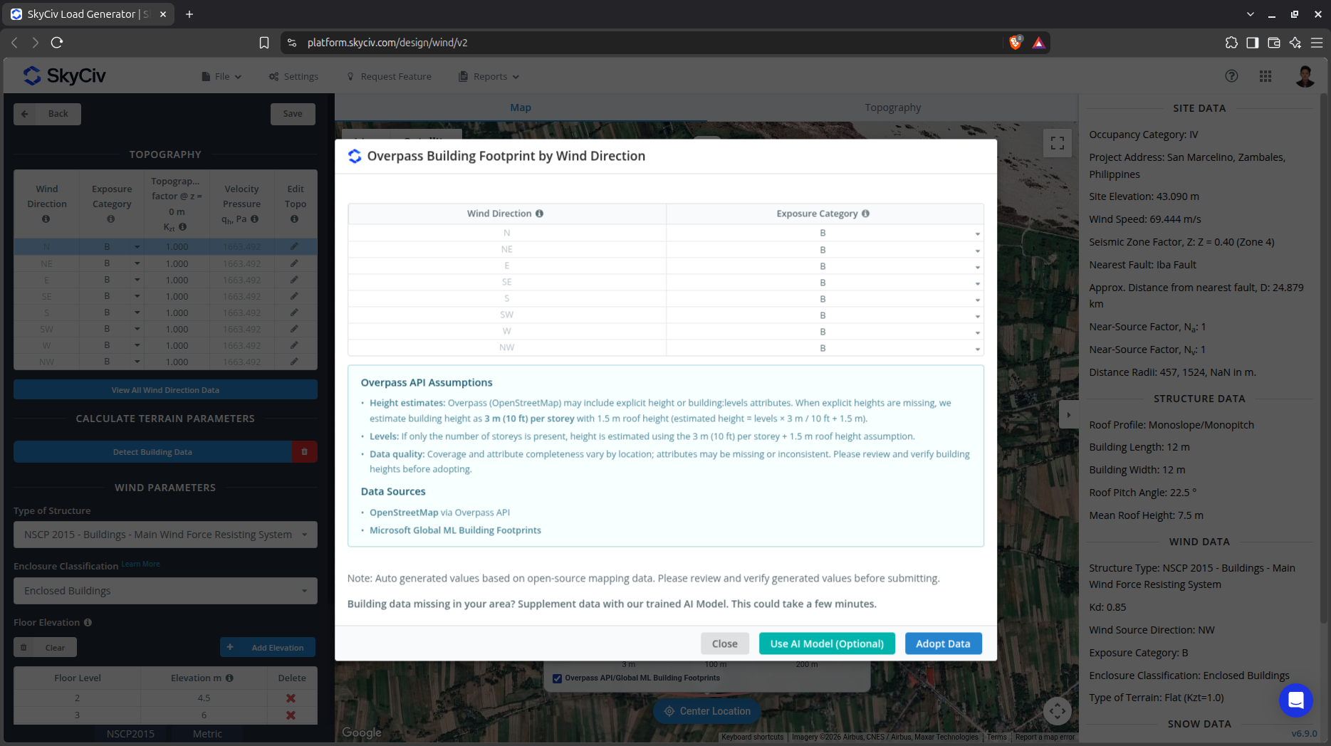 Detected Exposure Category for each wind source direction using the detected buildings for the site
