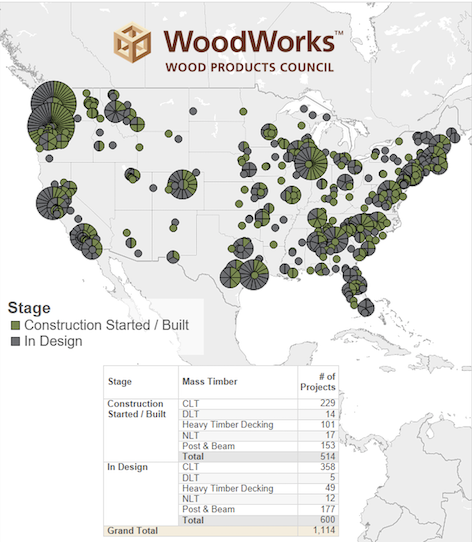 Depiction of Mass Timber projects and their locale built/designed between 2013 and March 2021