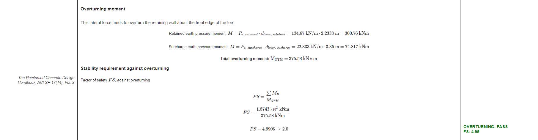 Captura de tela do relatório detalhado para cálculos de verificação de estabilidade de um muro de contenção de concreto