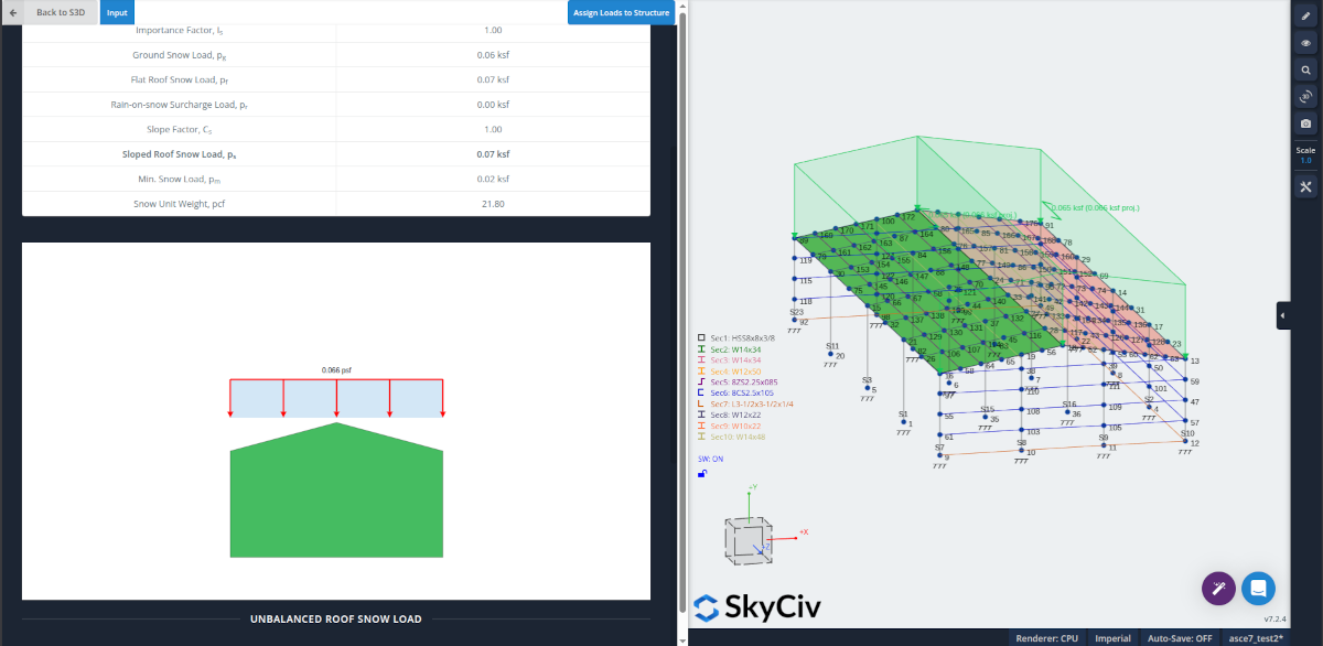 Balanced snow load applied in the S3D model from Load Generator