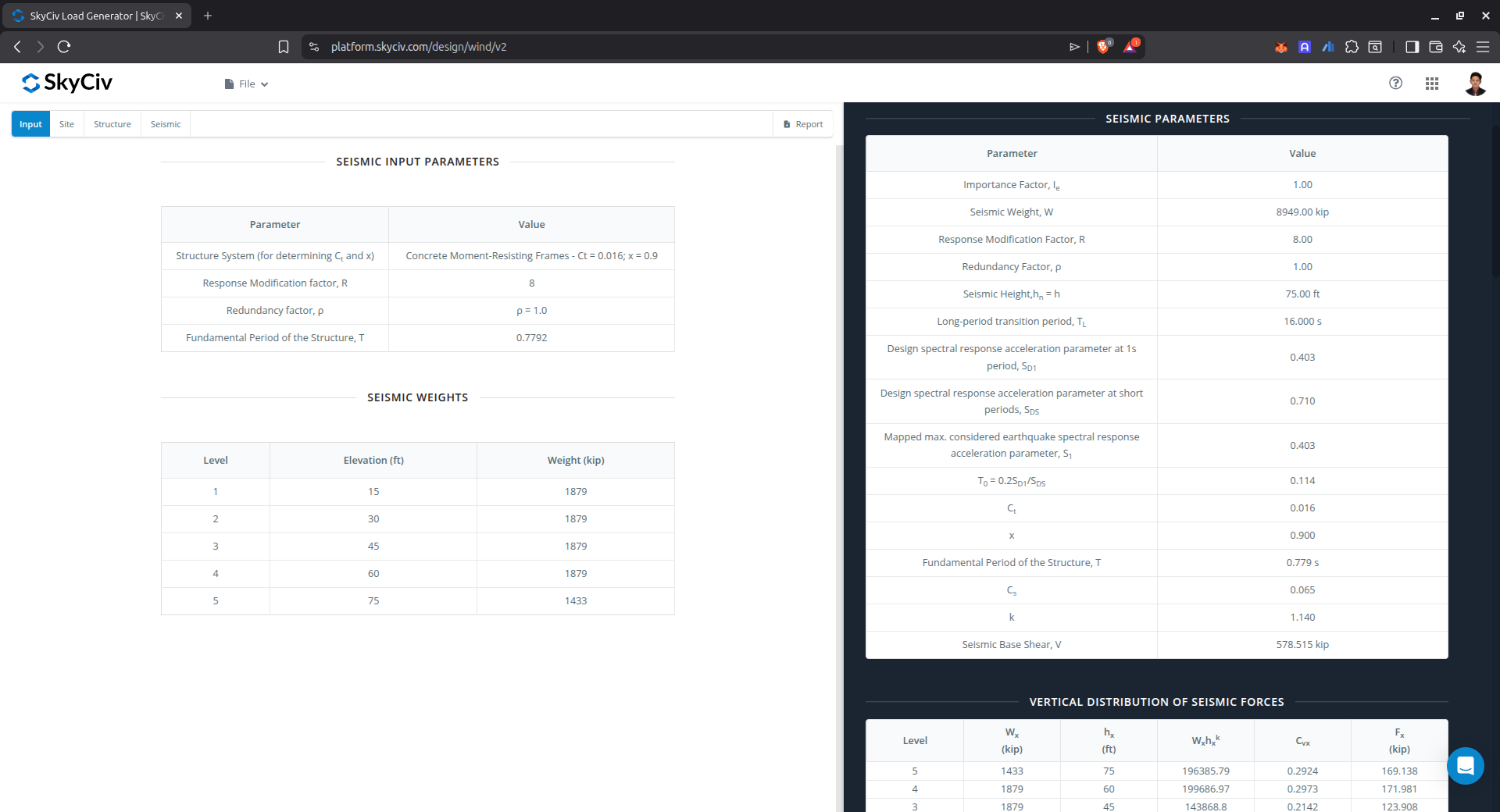 Ingresso sismico e risultati da SkyCiv Load Generator