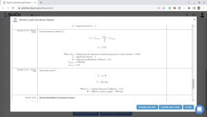 Detailed seismic load calculation generated from SkyCiv Load Generator.