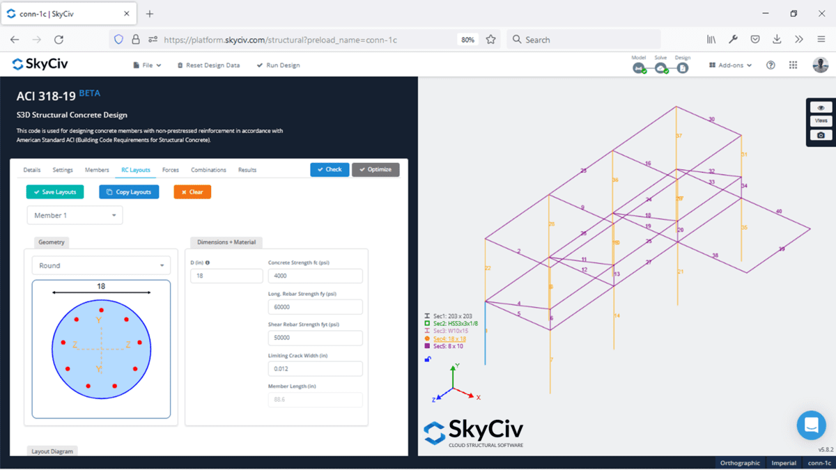 SkyCiv RC Design Building with circular reinforced concrete column reinforced concrete structure design software
