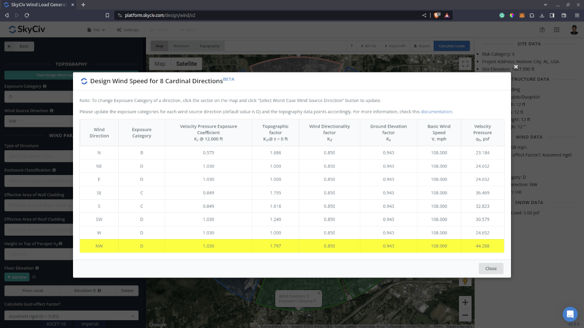 Updated design wind inputs for all directions