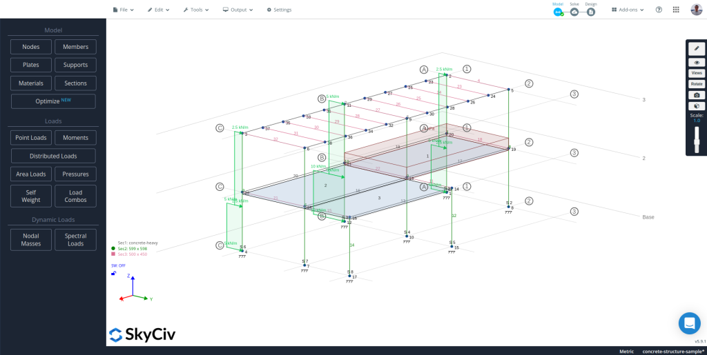 SkyCiv S3D zeigt ein Modell mit Ebenen und Gitterlinien