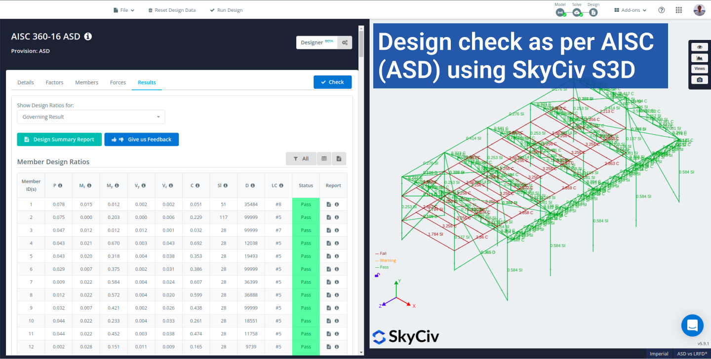 SkyCiv S3D mostrando os resultados do projeto conforme AISC 360 16 ASD
