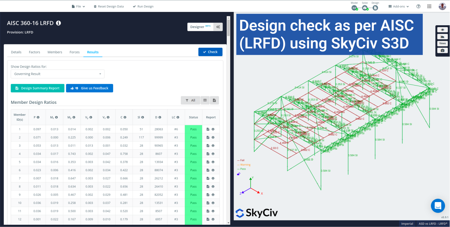 SkyCiv S3D που δείχνει αποτελέσματα σχεδίασης σύμφωνα με την AISC 360 16 LRFD