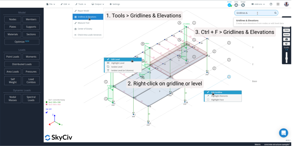 SkyCiv S3D mostrando como acessar o módulo de linhas de grade e elevações