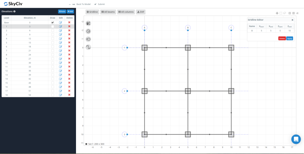 SkyCiv S3D que muestra las líneas de cuadrícula y el editor gráfico de elevaciones