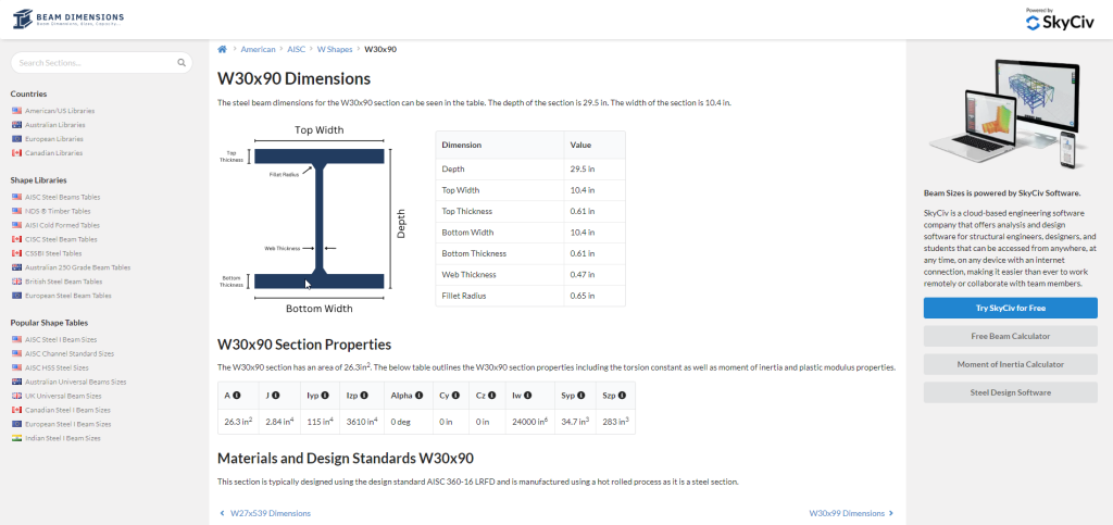 W30x90 Section Sizes and Properties