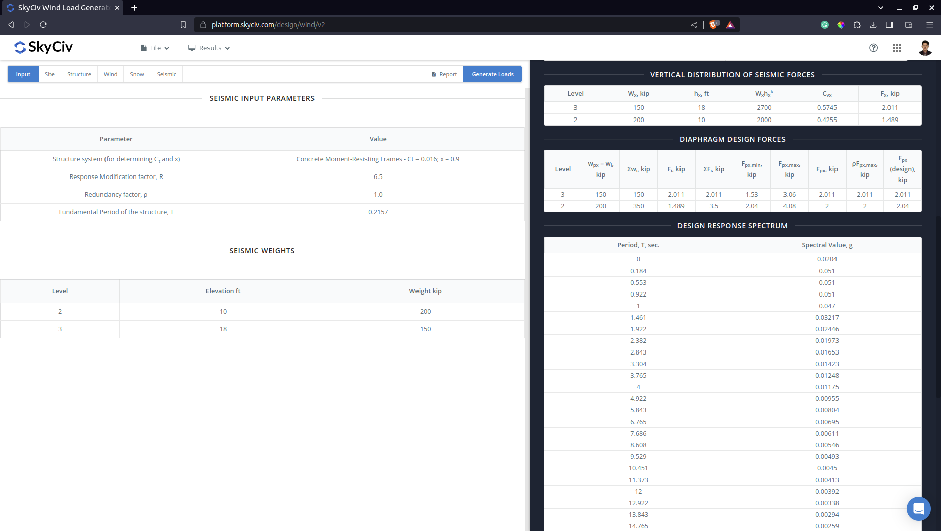 SkyCiv Load Generator Seismic Load Calculations