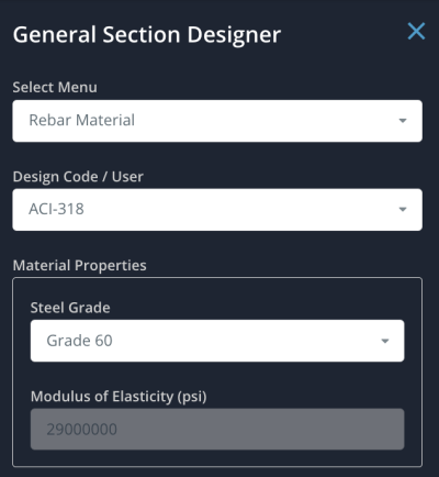 Rebar Material Menu