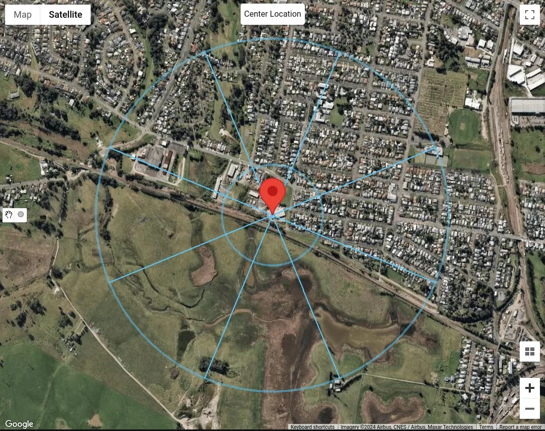 Sample location for determining terrain category using AS/NZS 1170.2 (2021)