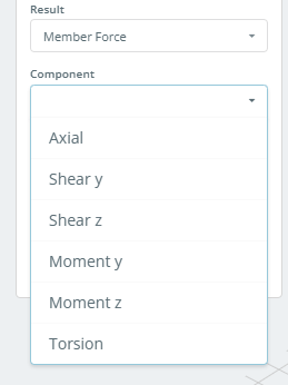 Component dropdown for Member Force, showing Axial, Shear y, Shear z, Moment y, Moment z, and Torsion.