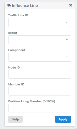 Influence Line dialog box in SkyCiv, showing fields for Traffic Line ID, Result, Component, Node ID, and Member ID
