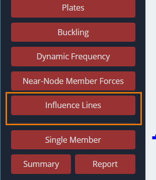 SkyCiv post-processor interface showing the "Influence Lines" button on the left toolbar.