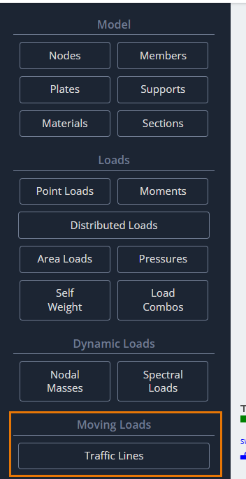 SkyCiv interface showing the Traffic Lines button, located in the Moving Loads section on the left toolbar.