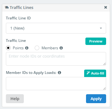 Traffic Lines dialog box in SkyCiv, showing options to define a line by Points or Members.