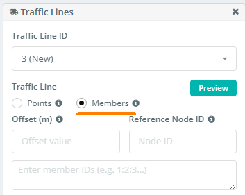 Traffic Lines dialog box in SkyCiv, showing the Members tab with options for Offset and Reference Node ID.