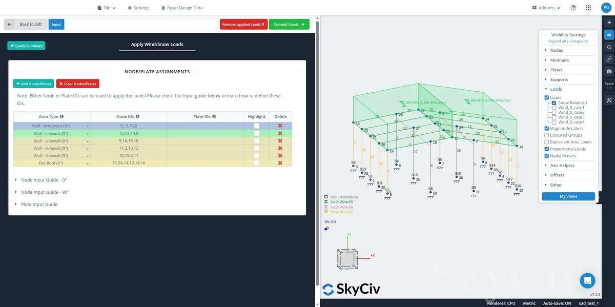 Applied balanced snow load on roof surfaces of the model