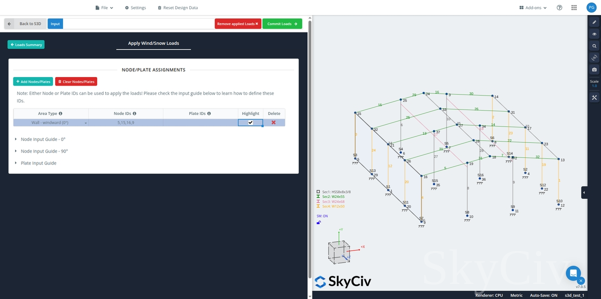 Node entry table for wind and snow loads