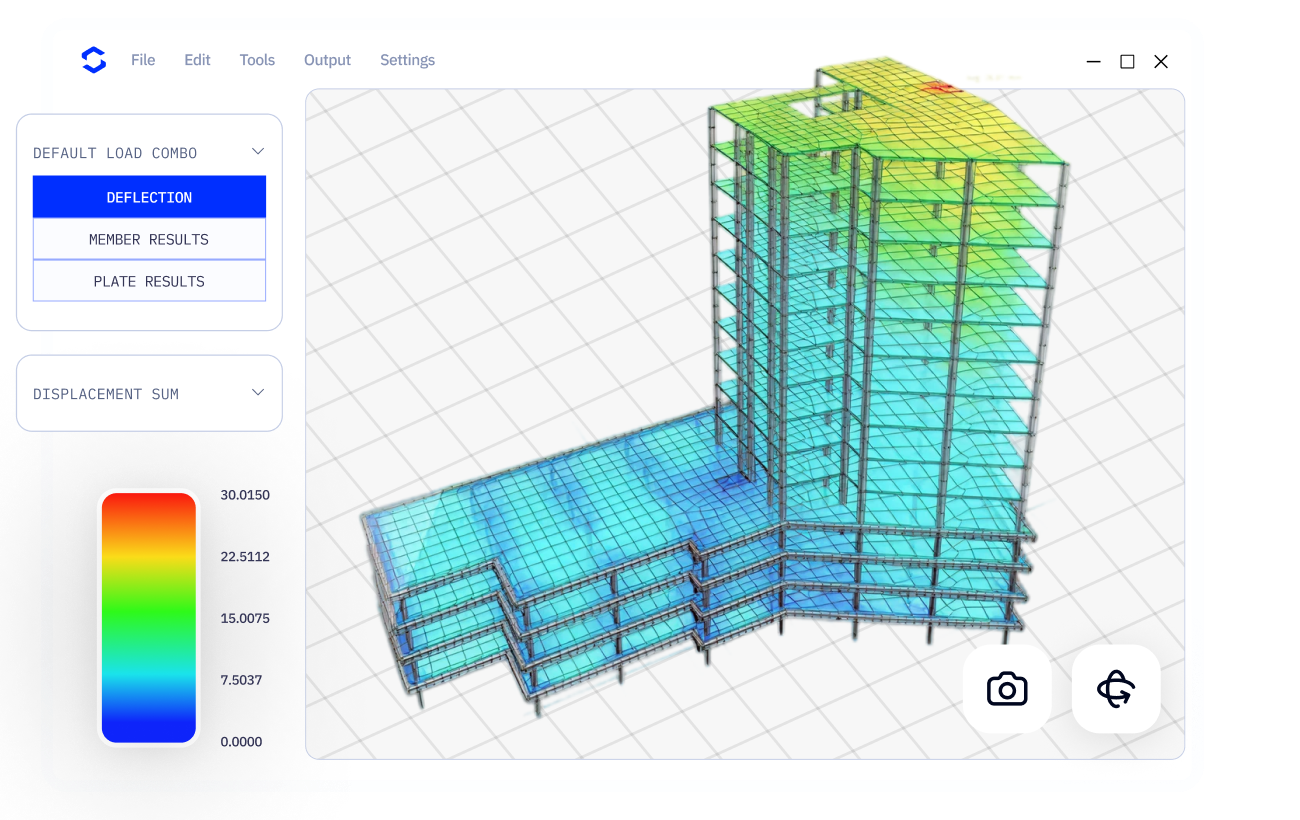 3D finite element model of a multi-story building with a blue-to-red color gradient showing deflection; software UI panels and color legend visible on the left.0a0 The building sits in a window with a grid background and control buttons, illustrating structural analysis results.