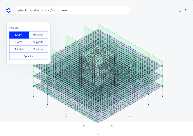 Cuadrolo estructural D con una red de nodos y miembros.pocontornos verdesasy una barra lateral izquierda que muestra las opciones del modelo 3D structural model with a lattice of nodes and members, green outlines, and a left sidebar showing model options (Nodes, Members, Plates, Supports, Materials, Sections) and an Optimise button