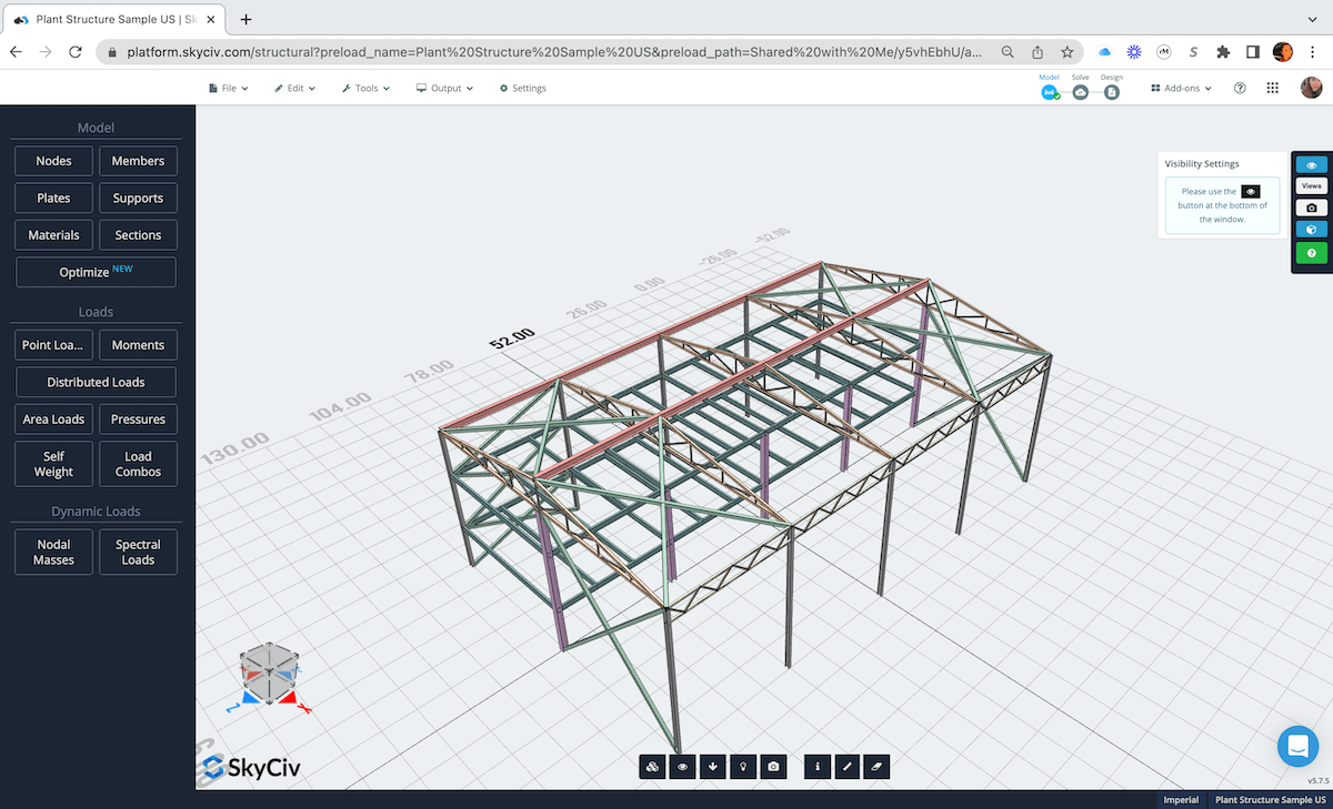 3D steel-frame building model with red and teal trusses in a structural design tool; left navigation panel visible (SkyCiv)