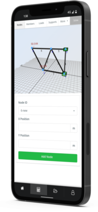 Schermata dell&png9;app mobile che mostra un diagramma di traliccio 3D con nodi blu/verdi e un modulo per aggiungere un nuovo nodo Mobile app screen showing a 3D truss diagram with blue/green nodes and a form to add a new node (Node ID, X, Y, Add Node).