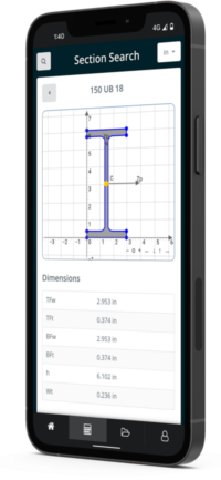 Schermata del tpngfono che mostra un'app CAD con una sezione blu a forma di I su una griglia Phone screen displaying a CAD app with a blue I-shaped section on a grid, header 'Section Search', and a 'Dimensions' table showing measurements.
